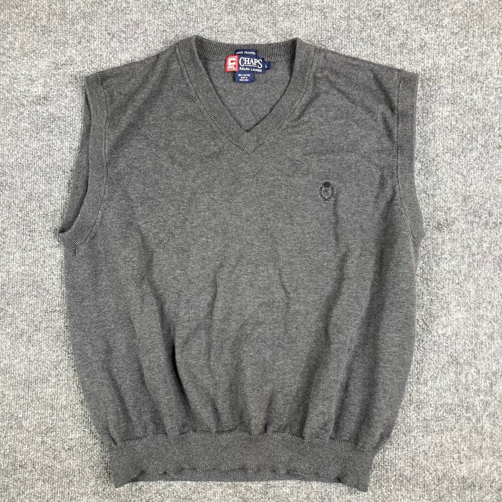 Chaps Ralph Lauren Sweater Vest Mens Size L Gray‎ V-Neck Knit Pullover Classic
